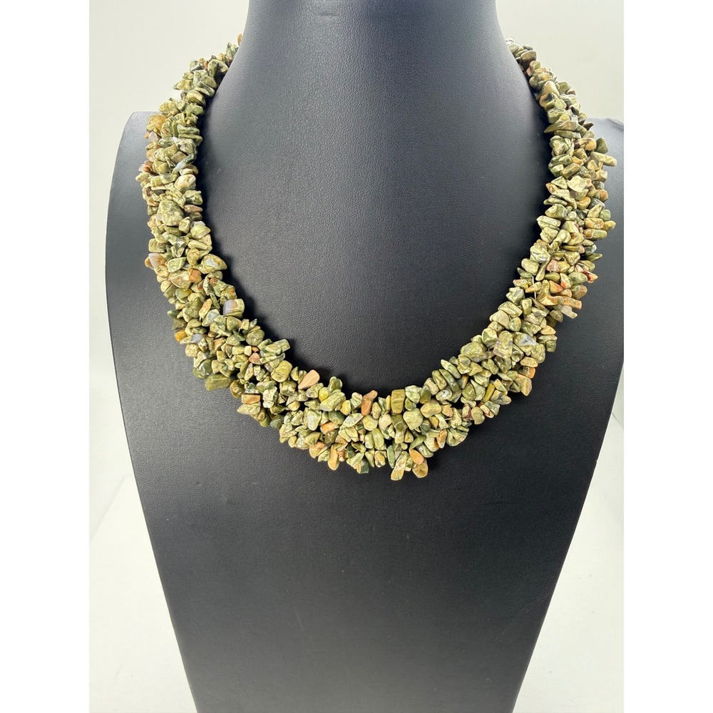 Green Gem Stone Chip Chunky Collar Necklace Multi Strand Earthy Boho Accent Gift